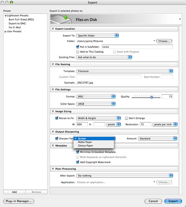 Screenshot of Adobe Photoshop Lightroom export settings window.