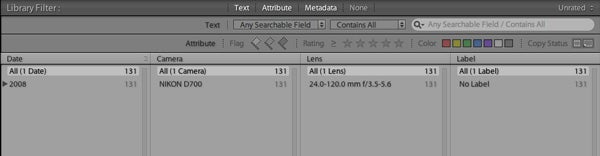 Screenshot of Adobe Photoshop Lightroom 2.0 library filter panel