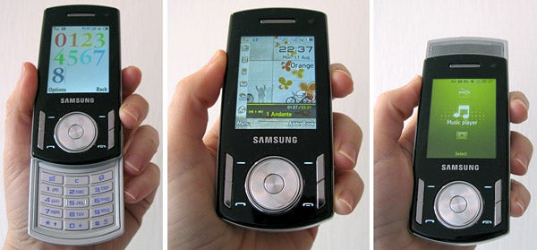 Samsung SGH-F400 phone displayed in three different views.Samsung SGH-F400 phone in various stages of sliding open.
