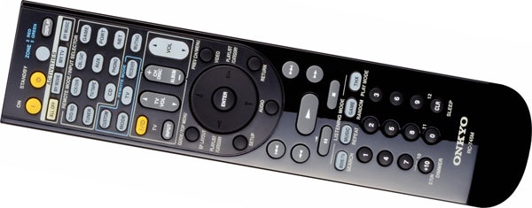 Black Onkyo audio equipment remote controlOnkyo audio system remote control on white background.