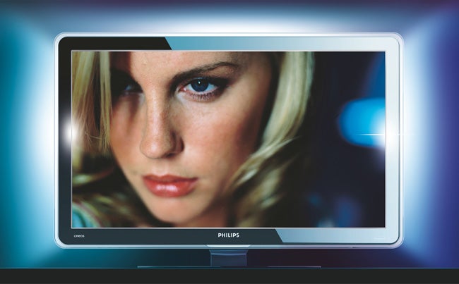 Philips Cineos LCD TV displaying a close-up portrait of a woman.Philips Cineos 42PFL9703D/10 LCD TV displaying a woman's portrait.