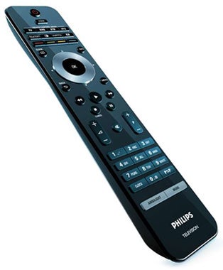 Philips Cineos remote control on white background.Philips Cineos TV remote control on white background
