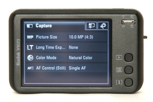 Kodak V1073 digital camera LCD screen and settings menu.Kodak V1073 camera displaying its settings screen.