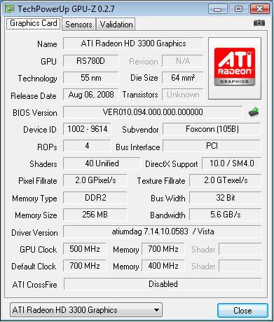 Screenshot of GPU-Z showing ATI Radeon HD 3300 Graphics card details.Screenshot of GPU-Z showing ATI Radeon HD 3300 graphics card specifications.
