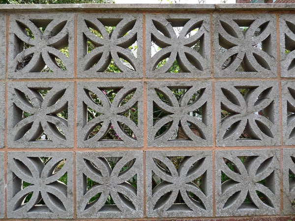 Decorative concrete block wall with a leaf pattern.Photo sample from Panasonic Lumix DMC-FZ28 camera.