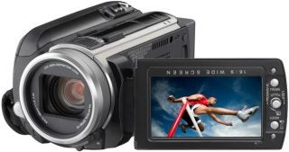 JVC Everio GZ-HD40 camcorder with flip-out LCD screen.