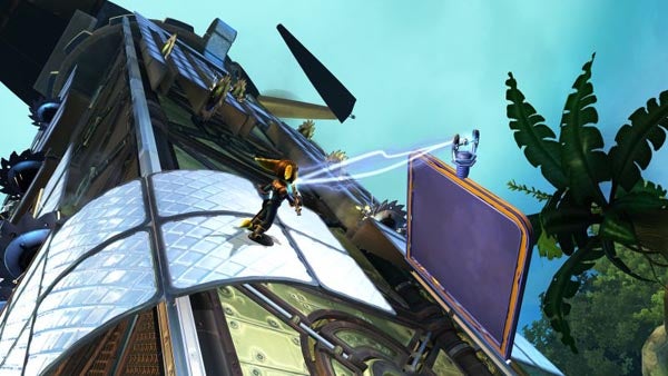 Screenshot of gameplay from Ratchet & Clank: Quest for Booty.Ratchet using a wrench on a structure in Quest for Booty game.