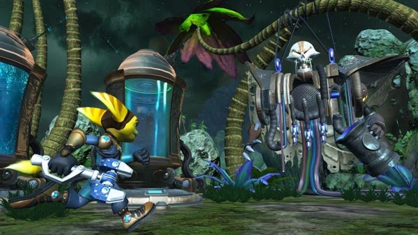 Ratchet and Clank confronting a robot enemy in the game.Ratchet and Clank in-game action scene.