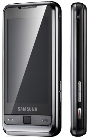 Samsung Omnia i900 smartphone front and side views.Samsung Omnia i900 smartphone showing front and side views.