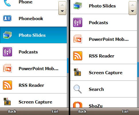 Samsung Omnia i900 interface showing app icons and menu options.Samsung Omnia i900 interface showing various applications.
