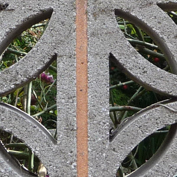 Close-up of a garden through a patterned metal object.Close-up of a decorative metal wheel with nature background.
