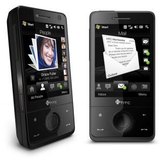 HTC Touch Pro smartphones displaying contacts and email applications.