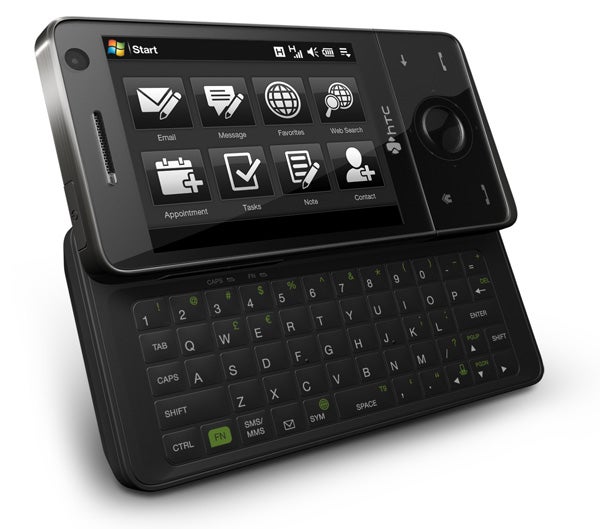 HTC Touch Pro smartphone with slide-out keyboard.HTC Touch Pro smartphone with keyboard slide-out displayed.