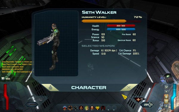 Space Siege character status screen with stats and equipment.