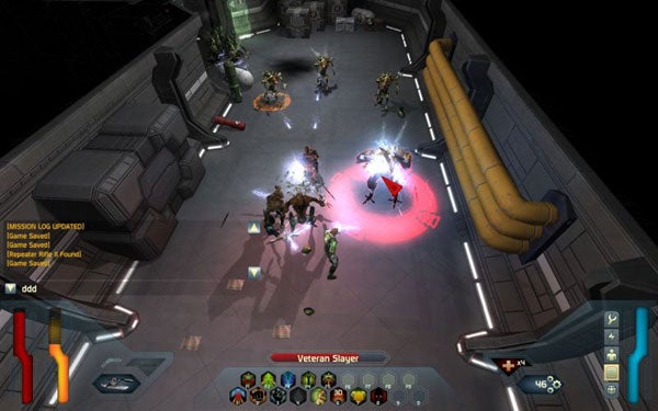 Screenshot of gameplay from Space Siege showing combat scene.Screenshot of gameplay from Space Siege showing a combat scene.
