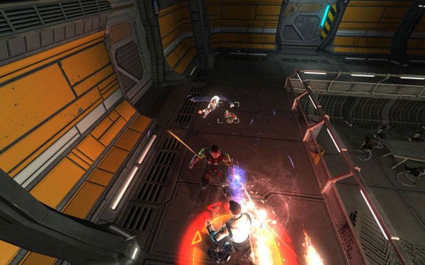 In-game action scene from Space Siege video game.Screenshot of Space Siege gameplay showing a battle scene.