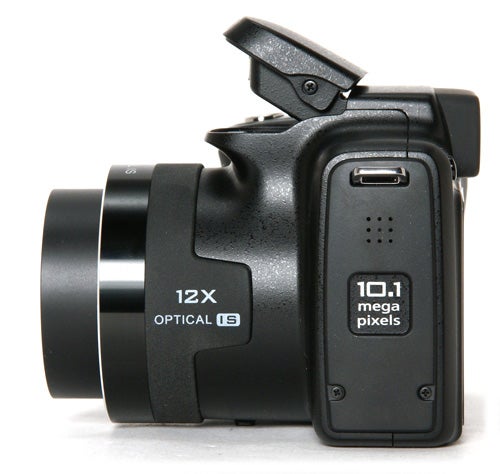 Kodak EasyShare Z1012 IS digital camera with lens extended.Kodak EasyShare Z1012 IS digital camera with open flash.