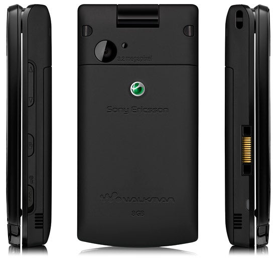 Sony Ericsson W980i phone from three different anglesSony Ericsson W980i phone in black, showing front, back, and side.
