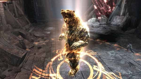 Shimmering bear-like creature in Too Human video game scene.Screen capture from Too Human video game showing a bear character.