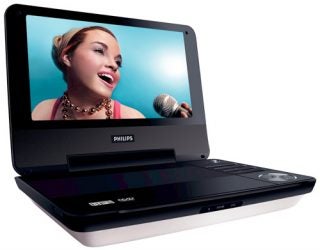 Philips PET940 Portable DVD Player with screen displaying singer.