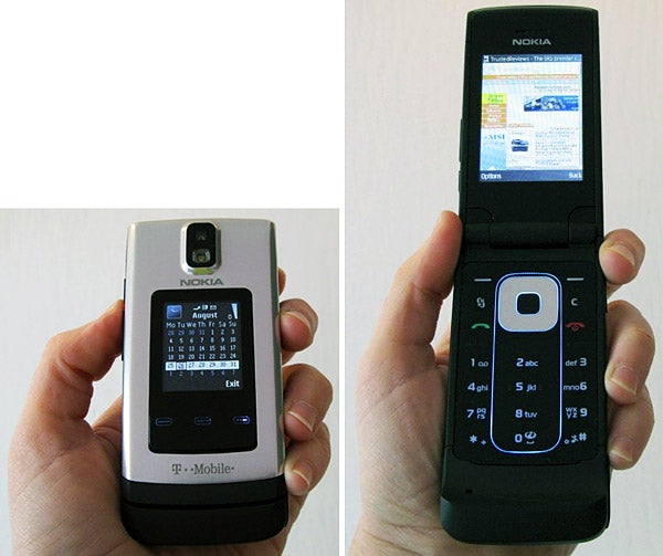 Nokia 6650 flip phone with T-Mobile branding displayed open and closedNokia 6650 flip phone with open and closed views.