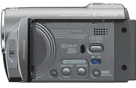 JVC Everio GZ-MS100 camcorder side panel view.JVC Everio GZ-MS100 camcorder side view showing controls.
