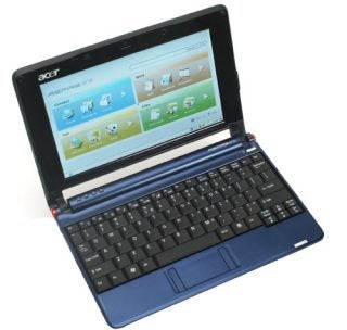 Acer Aspire One Netbook with open screen displaying interface.