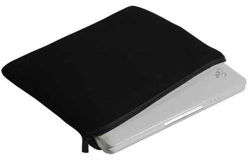 Asus Eee PC 1000H Netbook inside a black sleeveAsus Eee PC 1000H laptop in black zippered case.