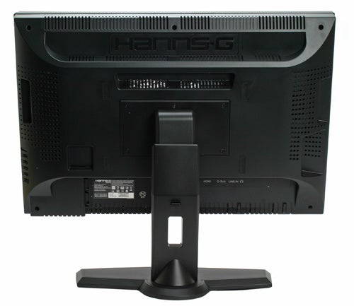 Back view of a Hanns.G HG281DJ 28-inch LCD monitor.Back view of Hanns.G HG281DJ 28-inch LCD Monitor with stand.