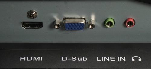 Close-up of Hanns.G HG281DJ monitor ports including HDMI and D-Sub.Hanns.G HG281DJ monitor ports including HDMI, D-Sub, and Line In.