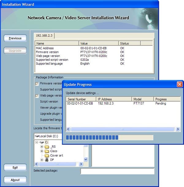 Screenshot of Vivotek Network Camera Installation Wizard.Screenshot of Vivotek PT7137 camera installation wizard.