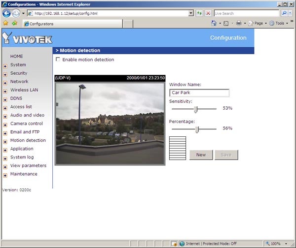 Vivotek camera interface with motion detection settings and live view.Screenshot of Vivotek PT7137 camera's motion detection interface.