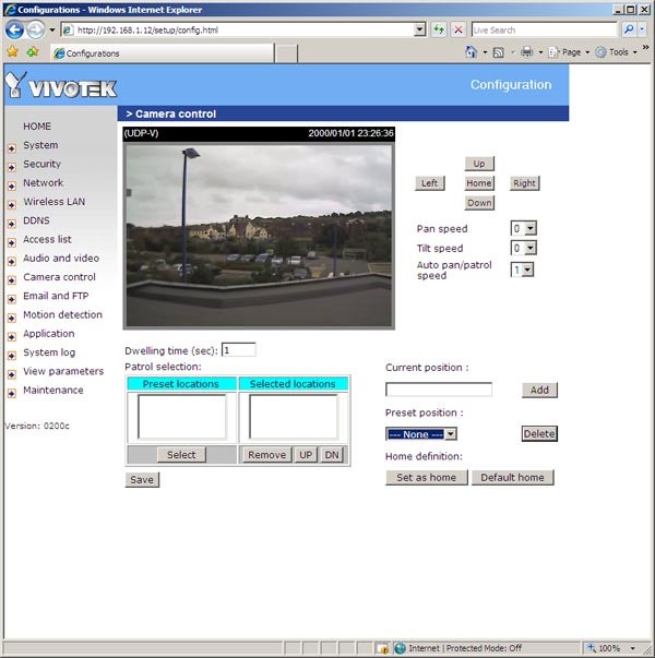 Screenshot of Vivotek PT7137 camera control interface.Screenshot of Vivotek PT7137 camera's web interface for control settings