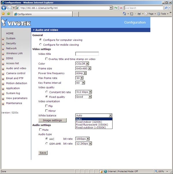 Screenshot of Vivotek camera interface with audio and video settings.Screenshot of Vivotek PT7137 camera's configuration settings in a browser.