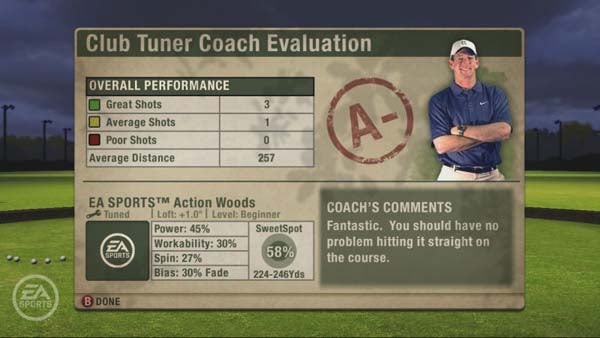 Club Tuner Coach Evaluation screen from Tiger Woods PGA Tour 09 video game.Club Tuner Coach Evaluation screen from Tiger Woods PGA Tour 09.