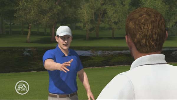 Screenshot of a virtual golf lesson in Tiger Woods PGA Tour 09.In-game screenshot of two golfers talking on a course from Tiger Woods PGA Tour 09.