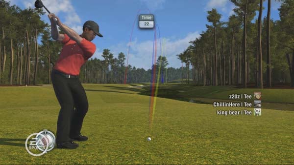 Screenshot of Tiger Woods PGA Tour 09 gameplay.Screenshot of Tiger Woods PGA Tour 09 gameplay showing a golf swing.