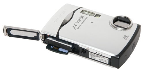 Olympus mju 850 SW camera with open battery compartment.