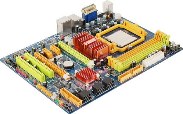Biostar TA790GX A2+ motherboard with colorful connectors and heatsinks.