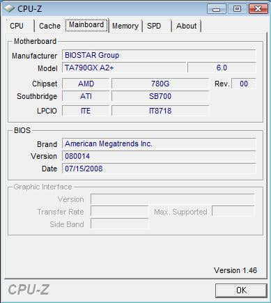 Screenshot of CPU-Z utility showing Biostar TA790GX A2+ motherboard details.Screenshot of CPU-Z showing Biostar TA790GX A2+ motherboard details.