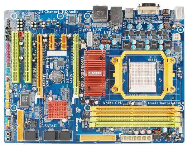 Biostar TA790GX A2+ motherboard with CPU socket and RAM slots.Biostar TA790GX A2+ motherboard top view.