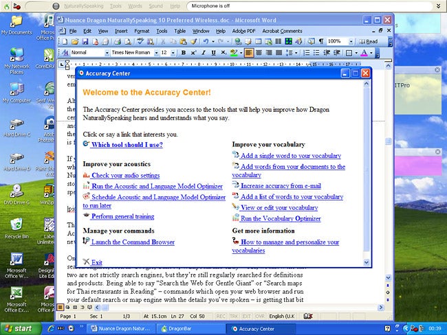 Screenshot of Nuance Dragon NaturallySpeaking software on a computer desktop.Screenshot of Nuance Dragon NaturallySpeaking Accuracy Center on a computer screen.