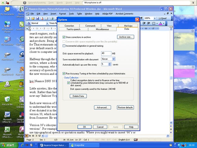 Screenshot of Dragon NaturallySpeaking options menu on computer screen.Screenshot of Dragon NaturallySpeaking 10 software on computer screen.