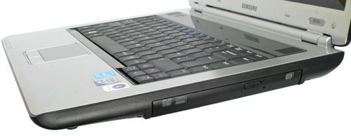 Side view of Samsung R510 Notebook open on desk.Close-up of Samsung R510 15.4-inch Notebook's keyboard and side ports