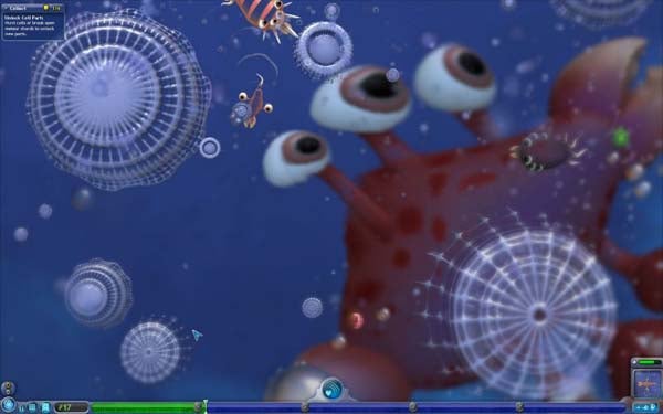 Screenshot of Spore game showing creature creation and gameplay interface.Screenshot of Spore game showing creature in cell stage.