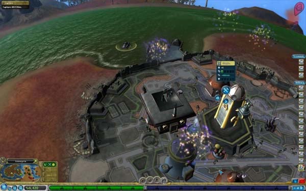 Screenshot of a city-building scene in Spore video game.Screenshot of Spore game showing a city-building scene.