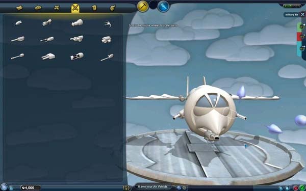 Screenshot of Spore game's vehicle editor interface with a design in progress.Screenshot of Spore game vehicle creation interface.