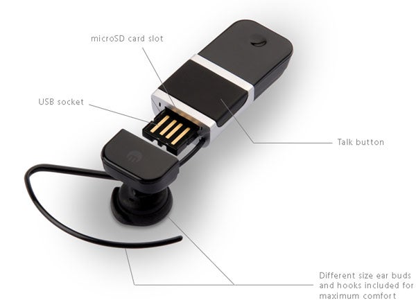 Bluetrek BIZZ Bluetooth Headset with open USB socket and microSD slot.