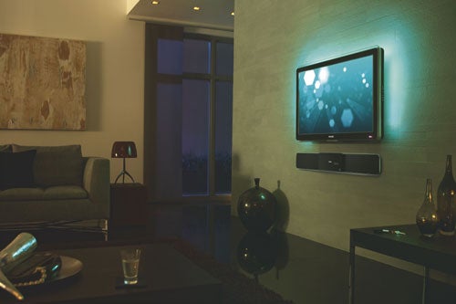Philips Ambisound home cinema system in a modern living room.Philips Ambisound home cinema system in modern living room.