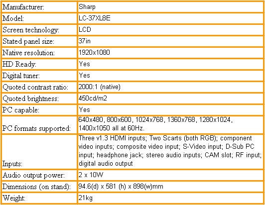 Specification table of Sharp LC-37XL8E 37-inch LCD TV.Sharp LC-37XL8E LCD TV technical specifications chart.